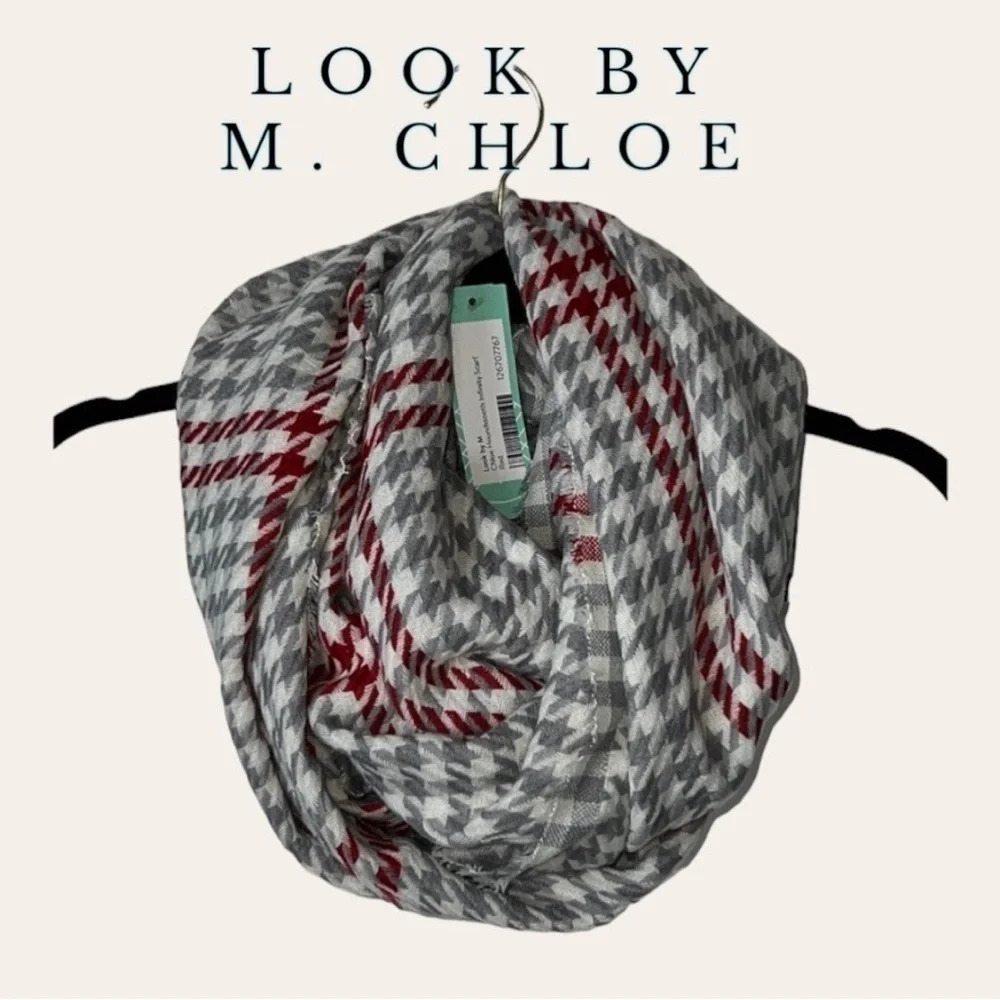 0244W. NWT Look by M. Chloe Infinity Scarf • Red/Cream/Gray Houndstooth